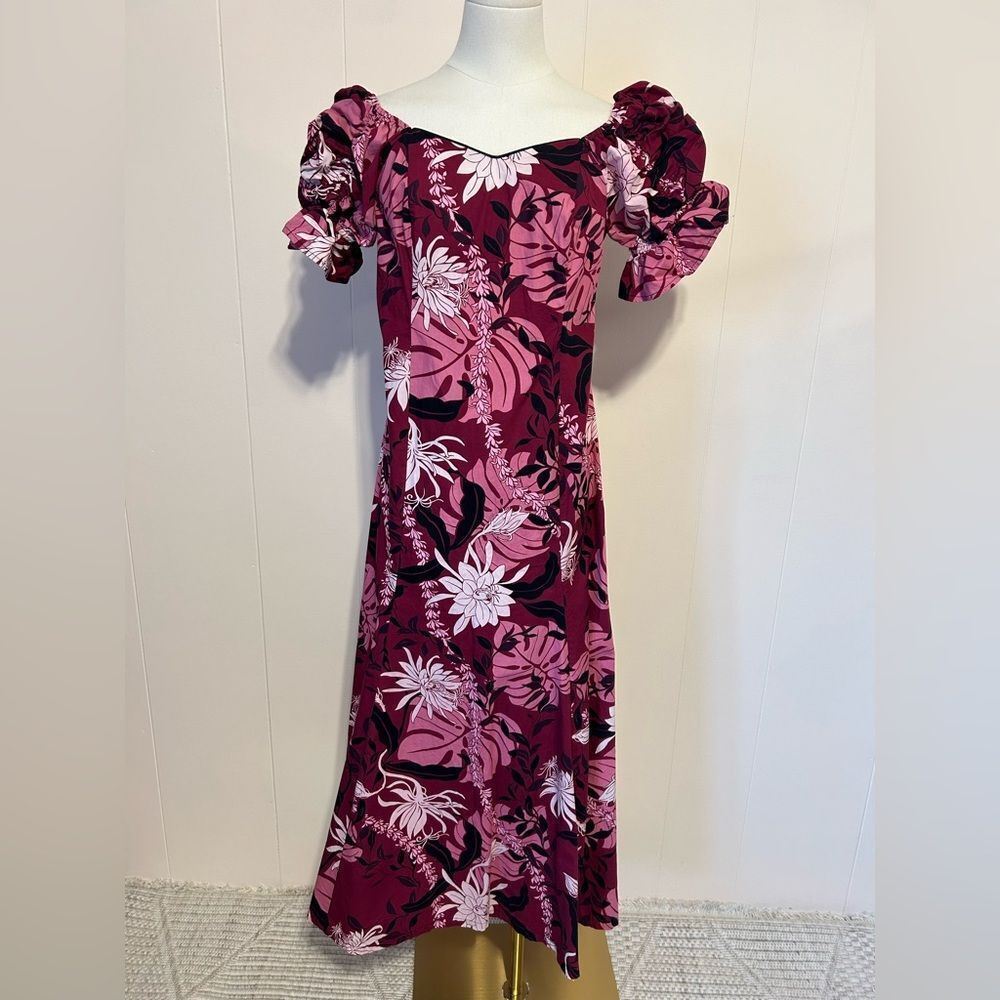 Vintage Two Palms Hawaiian Floral elastic Puff Sleeve Dress size M